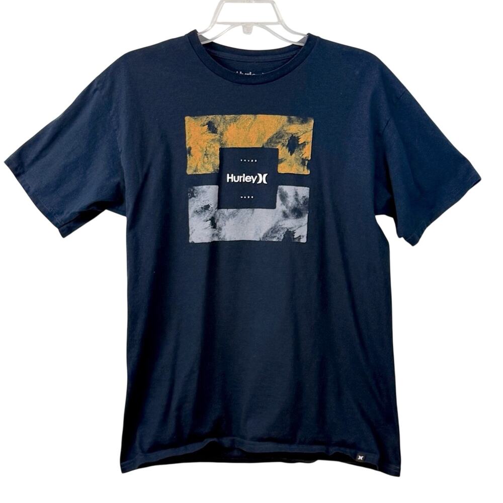 Hurley Navy Graphic Print T Shirt Gold and Light Blue Print Logo - Picture 3 of 16